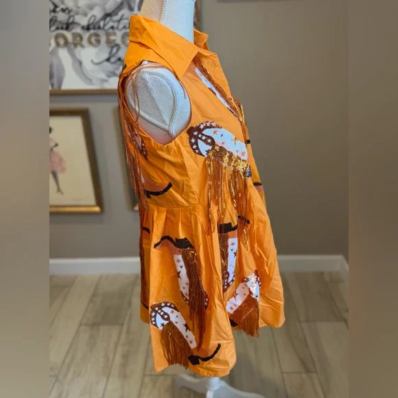 New! QUEEN OF SPARKLES Orange & White Sequin Boot Mini Dress
